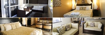 Crown Beach Resort & Spa, (clockwise from top left): Two Bedroom Beachfront Villa Balcony and Bedroom, One Bedroom Beachfront Villa Living Area and Courtyard Pool Suite Bedroom