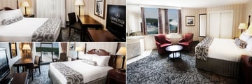 Crowne Plaza Fallsview, (clockwise from top left): Traditional Guest Room Queen Bed, Superior Fallsview One King Jacuzzi Room and Superior Fallsview One Queen Bed