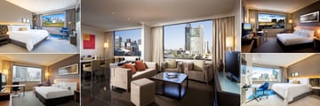Crowne Plaza Melbourne, (clockwise from top left): Deluxe Room, Suite Living Room, King Room with River View, Standard King Room and Standard King South Wharf View