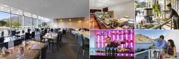 Crowne Plaza Queenstown, (clockwise from left): Threesixty Restaurant, Breakfast Buffet, Breakout Bar, Views from Threesixty Restaurant and The Bar  