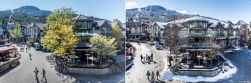 Crystal Lodge exterior in summer and winter
