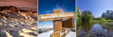 Death Valley, Mammoth Lakes Mountain summit, and El Capitan in Yosemite National Park