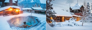 Hot Tub and Hotel Exterior in Winter at Deer Lodge