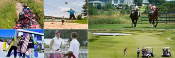 Deerhurst Resort, (clockwise from top left): ATV Guides Tours, Beach Volleyball, Horse Riding, Golf, Tennis and Snowboarding