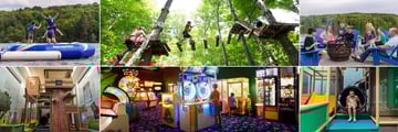 Deerhurst Resort, (clockwise from top left): Splash Zone, Treetop Trekking, Campfires, Indoor Treehouse, Arcade Room and Indoor Treehouse