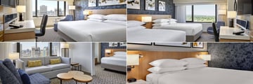 Delta Calgary Downtown, (clockwise from top left): King Deluxe City View Guest Room, Double Queen River View Guest Room, Studio Suite and Corner Suite