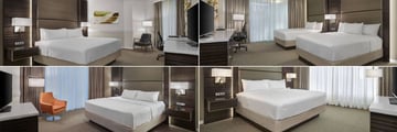 Delta Edmonton Center Suite, (clockwise from top left): King Guest Room, Double Queen Guest Room, One Bedroom Suite and One Bedroom Suite with Sofabed