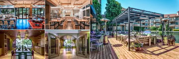 Delta Grand Okanagan Resort, (clockwise from top left): OAK + CRU Social Kitchen and Wine Bar Dining Areas and Patio, Wine Experience Centre and Private Chefs Table