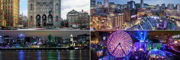 Delta Montreal, (clockwise from top left): Notre Dame Basilica of Montreal, Entertainment District, Montreal En Lumiere and Montreal Old Port and Downtown