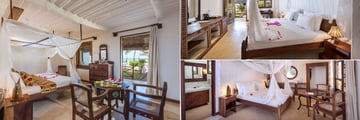 Diamonds Mapenzi Beach, (clockwise from left): Beach Villa, Swahili Room and Superior Room