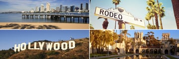 Clockwise from top left: San Diego, Rodeo Drive, Balboa Park and Hollywood sign