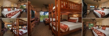 Disney's Animal Kingdom Lodge, (clockwise from top left): Standard Pool View Room, Savannah View with Bunks, Standard King Room, Standard Double Room and One Bedroom Suite Club Level Access 