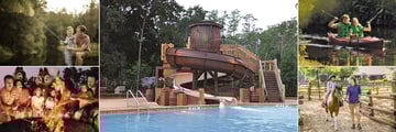 Disney's Fort Wilderness Resort & Campground, (clockwise from top left): Fishing, Pool, Canoeing, Horse Riding and Family Campfire Fun