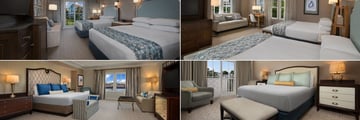 Disney's Yacht & Beach Club Resorts, Beach Club Rooms (clockwise from top left): Standard View Room, Deluxe Room, Nantucket VP Suite and Newport Presidential Suite