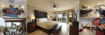Divi Village All Inclusive Villas, (clockwise from top left): One Bedroom Suite Seating, Bedroom, Living Area, Kitchen and Balcony