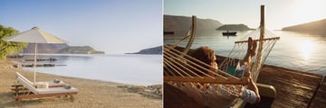 The beach and outdoor lounge at Domes of Elounda