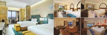 Seaview Suite (far left), King Deluxe Garden View Room (top left), King Guest Room (top and bottom right), and Junior Suite (bottom left) at DoubleTree by Hilton Resort & Spa, Marjan Island 