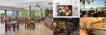 DoubleTree by Hilton Seychelles Allamanda Resort & Spa, (clockwise from left): Les Palms Restaurant, Seafood Dish, Ocean View Bar Terrace, Ocean View Bar Interior and Ocean View Bar at Night