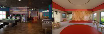 Teens and kids club areas with rock climbing wall and games