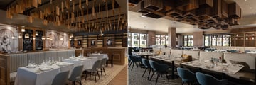 Two dining areas in restaurants in a resort 