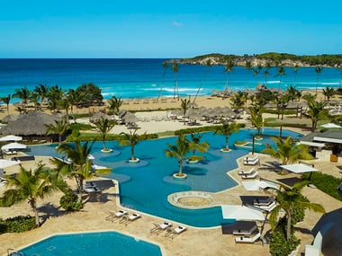 Pool area with palm trees and the beach in the background
