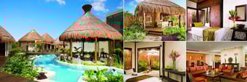 Dreams Riviera Cancun Resort & Spa, (clockwise from left): Spa Garden, Spa Garden Cabin, Cabin Treatment Room, Preferred Club Lounge and Spa VIP Cabin