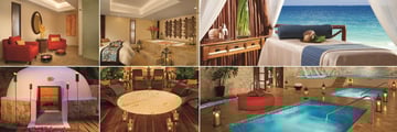Dreams Sapphire Riviera Cancun, (clockwise from top left): Couples Cabin, Couples Massage Cabin with Bathtub, Massage Cabin, Spa Pools, Relaxation Area and Temazcal