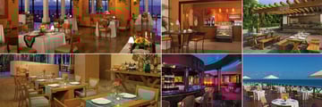 Dreams Sapphire Riviera Cancun, (clockwise from top left): Market Cafe, Coco Coffee, Barefoot Grill, Bluewater Grill, Bar at Night and Cibu Restaurant