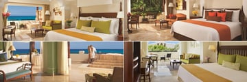 Dreams Sapphire Riviera Cancun, (clockwise from top left): Oceanfront Suite, Deluxe Junior Suite Tropical View, Preferred Club Junior Suite Tropical View and Governor Suite