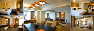 DusitD2, Chiang Mai, (clockwise from top left): Deluxe Room, D'Suite Lounge, D'Suite Bedroom, Studio Suite Bathroom and Bedroom and Studio Suite Living Room