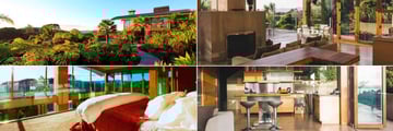 Eagles Nest Villas, (clockwise from top left): First Light Temple Villa Exterior, Living & Dining Area, Kitchen and Bedroom