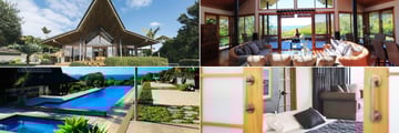 Eagles Nest Villas, (clockwise from top left): Sacred Space Villa Exterior, Living Room, Bedroom and Pool