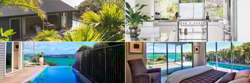 Eagles Nest Villas, (clockwise from top left): The Eyrie Villa Exterior, Kitchen, Bedroom and Pool
