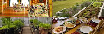 Echo Valley Ranch & Spa, (clockwise from top left): Dining Room, Natural Produce, Dining in the Lodge and Greenhouse Organic Garden 