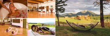 Echo Valley Ranch & Spa, (clockwise from top left): Hydrotherapy, Morning Yoga, Outdoor Relaxation, Body Therapy and Thai Yoga Stretches