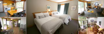 Elmhirst’s Resort, (clockwise from top left): Three Bedroom Deluxe Cottage Kitchen, Bedroom and Living Room and Three Bedroom Superior Cottage Living Room and Kitchen