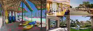 Emirates Palace, (clockwise from left): Water Sports, Fitness Centre, Camel Riding, Kids' Club Playground and Kids' Club Sarab Land