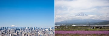 Tokyo skyline (left), and the bullet train (right)