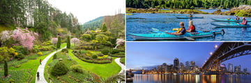 Butchart Gardens (left), Sunshine Coast (top right), and Vancouver at night (bottom right)