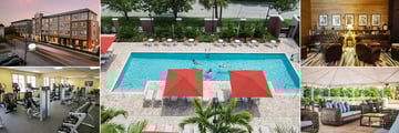 Epicurean Hotel, (clockwise from top left): Exterior at dusk, Pool, Library, Garden Terrace and Fitness Centre
