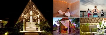 Essque Zalu Zanzibar, (clockwise from left): Spa Entrance, Sauna, Yoga, Relaxation Area and Maasai Ritual Village