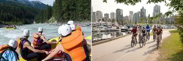 White-water rafting in Kicking Horse (left), and cycling through Vancouver (right)