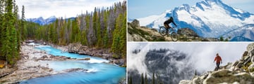 Kicking Horse (left), cycling in Whistler (top right), and hiking in Revelstoke