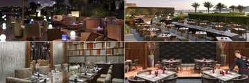 Fairmont Bab Al Bahr, (clockwise from top left): Chameleon Terrace, CuiScene Terrace, Frankie's Italian Restaurant Terrace and Marco Pierre White Steakhouse & Grill