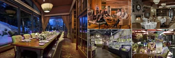 Fairmont Chateau Whistler, (clockwise from left): Grill Room Private Dining, Lobby Bar, Grill Room, Mallard Patio and Portobello Restaurant