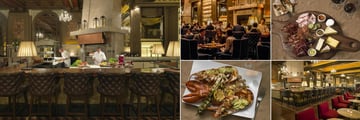 Fairmont Copley Plaza, (clockwise from left): Oak Long Bar and Kitchen - Kitchen, Dining Area, Charcuterie Board, Kitchen and Dining and Lobster