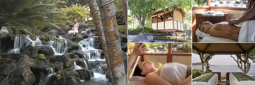 Fairmont Orchid, (clockwise from left): Spa without Walls Waterfall, Spa Waterfall Hale, Bamboo Massage, Outdoor Treatment Room and Spa Alii 