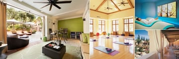 Fairmont Sonoma Mission Inn, (clockwise from left): Willow Stream Spa Cabana, Fitness Studio, Meditation Room and View of Spa Rotunda