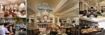 Fairmont Washington DC, (clockwise from top left): Juniper Restaurant, The Colonnade, The Lobby Bar, Fairmont Gold Lounge Buffet and Courtyard Drinks