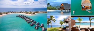 Fiji Marriott Resort Momi Bay, (clockwise from left): Aerial of the Lagoon Villas, Over Water Lagoon Villa, Over Water Royal Suite, Duplex Lagoon Front Villa and Royal Ocean Front Villa